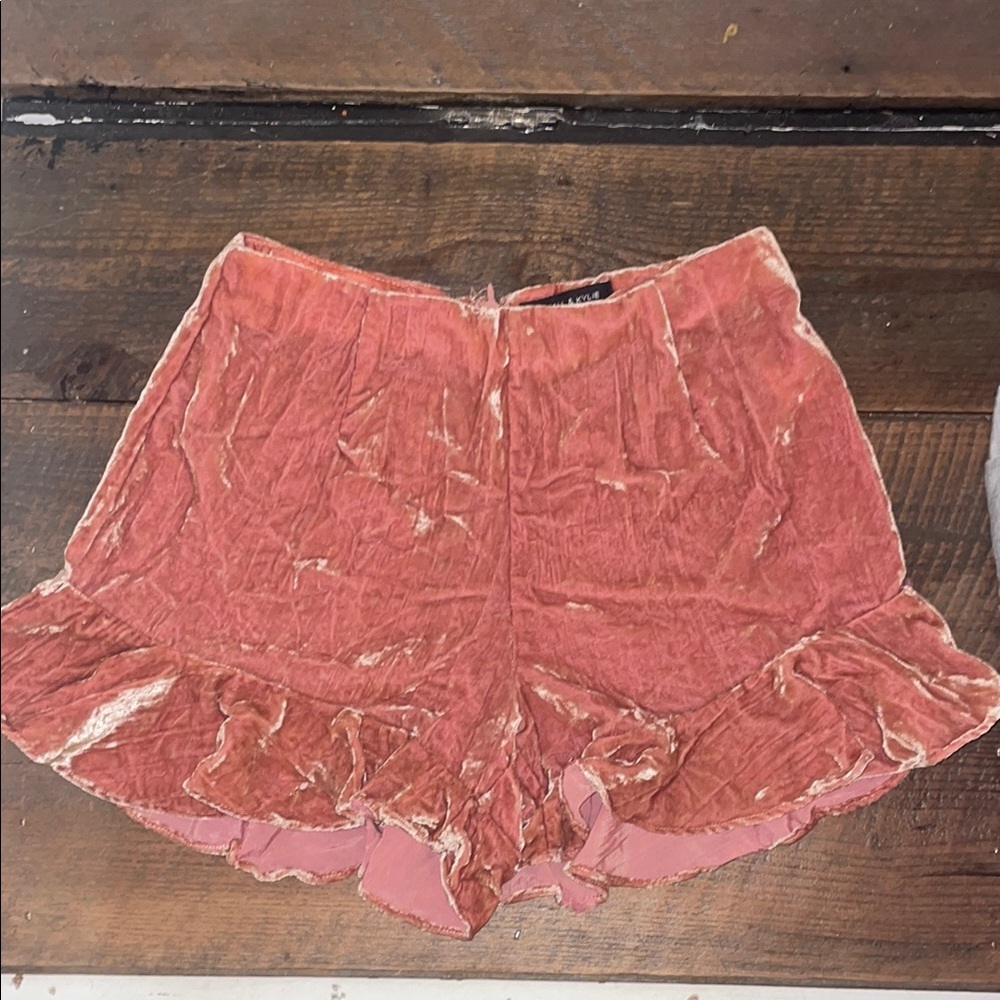 Women's Pink Velvet Ruffle Shorts
